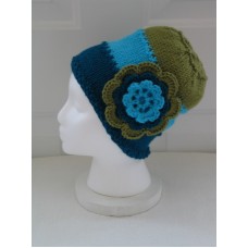 New Mujer Beanie Hat with Flower  TriColor Blues & Green  Handmade Hand Knit  eb-84727572